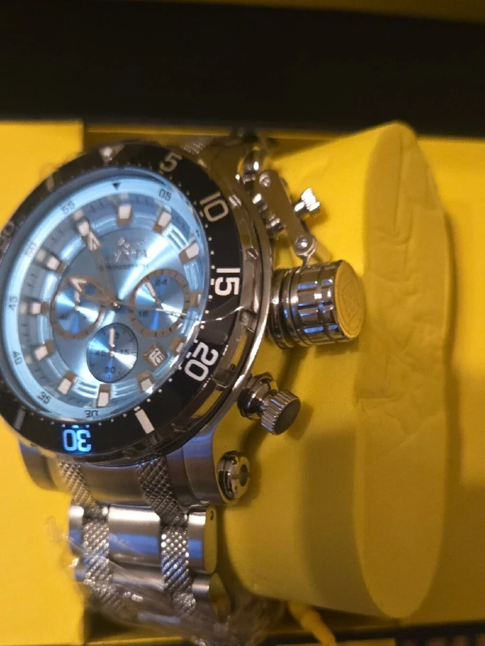 Invicta Coalition Night Hawk Silver Stainless Steel Watch with Light Blue Dial
